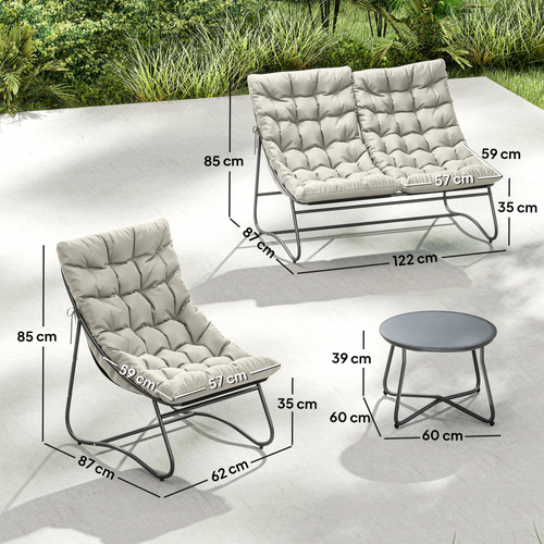 Outsunny 4 Seater Garden Furniture Set, Conversation Set with Loveseat Sofa, Chairs, Glass Coffee Table, Thick Cushions, Steel Outdoor Sofa for Balcony, Poolside, Conservatory, Light Grey