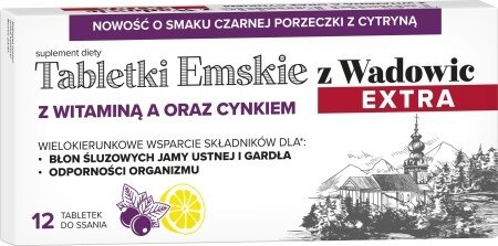 Polski Lek Tabletki Emskie z Wadowic Extra z Witaminą A oraz Cynkiem o Smaku Czarnej Porzeczki 12 Tabletek Best Before 31.08.26