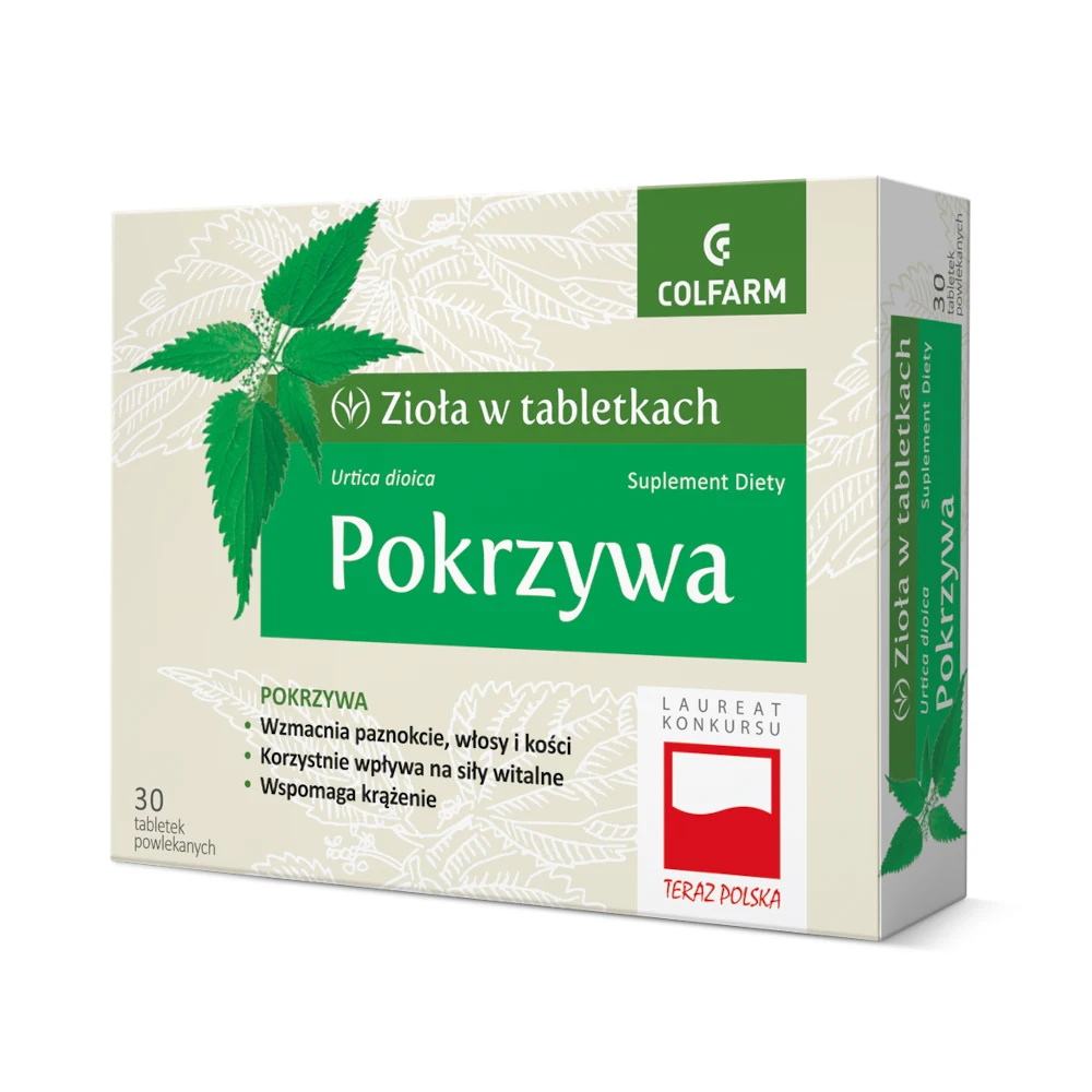 Colfarm Zioła w Tabletkach Pokrzywa Wspomaga Krążenie Włosy Skórę i Paznokcie 30 Tabletek