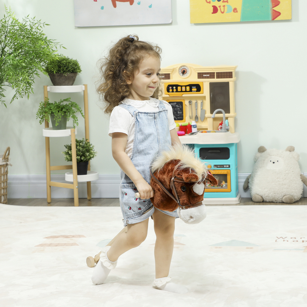 AIYAPLAY Stick Horse with Wood Wheels, Real Pony Neighing and Galloping Sounds, Grip Handle, 95 cm, Brown