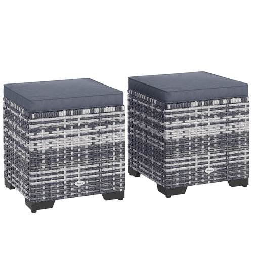 Outsunny Set of 2 Rattan Storage Ottoman, Outdoor Footstool with Removable Cushions, Garden Storage Seat for Balcony, Porch, Living Room, Dark Grey