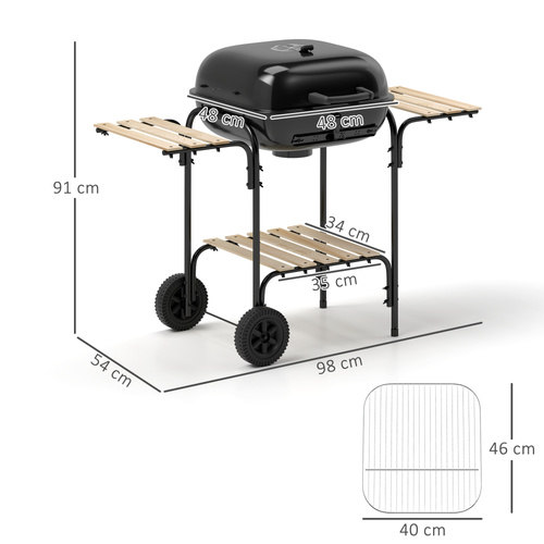 Outsunny Charcoal Barbecue Grill Portable BBQ Grill with 1840 cm² Cooking Area, 3 Shelves, Adjustable Vent, Lockable Lid, Wheels for Outdoor Cooking, Garden Party, Black
