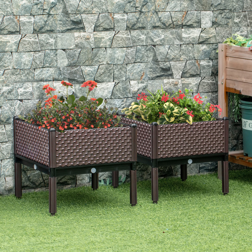 Outsunny Set of 2 Indoor/Outdoor Planter Boxes | Garden Raised Elevated Beds, Flowers Vegetables Fruits Herbs Container w/ Self-Watering Design Drainage Holes, Brown