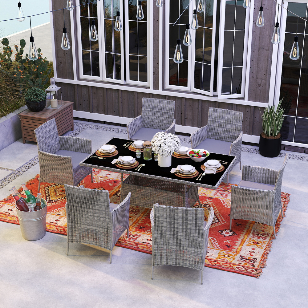 Outsunny 7-Piece Rattan Garden Furniture Set with Cushions, 6 Seater Garden Table and Chairs, Rattan Dining Set with 6 Armchairs, Rectangular Glass Top Table, Charcoal Grey