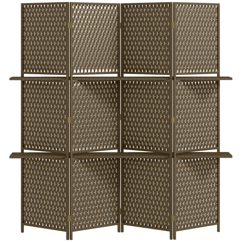 HOMCOM 4-Panel Room Dividers with Shelves, Wave Fibre Freestanding Folding Privacy Screen Panels, Partition Wall Divider for Indoor Bedroom Office, 180 cm, Brown