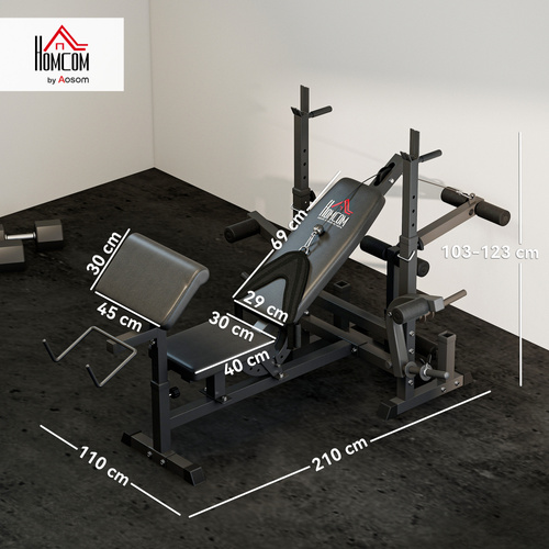HOMCOM Weight Bench, 6 in 1 Adjustable Bench Press with Leg Extension, Barbell Rack, Preacher Curl Pad, Resistance Band, Multi-Function Home Gym Equipment for Strength Training Weightlifting