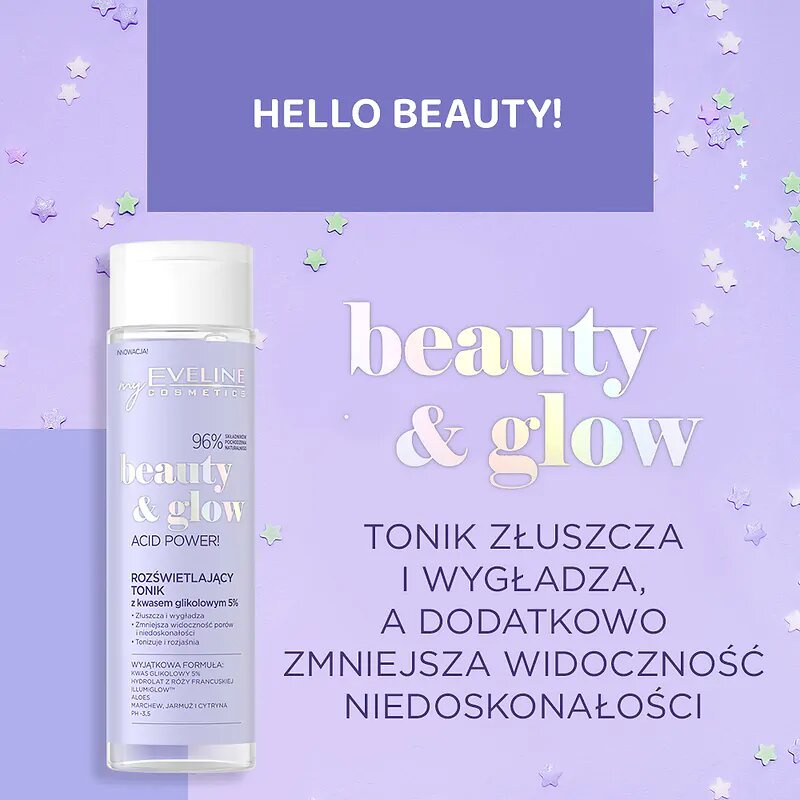 Eveline Beauty & Glow Acid Power! Rozświetlający Tonik z Kwasem Glikolowym 5% dla Każdego Rodzaju Skóry 200ml