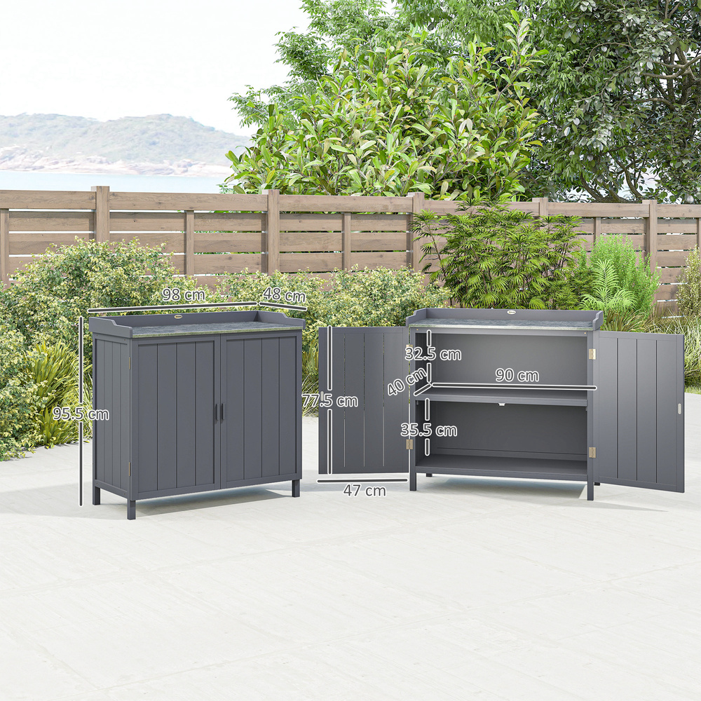 Outsunny Wood Garden Storage Cabinet, Outdoor Tool Shed, Potting Bench Table with Galvanized Top and Two Shelves for Yard Tools or Pool Accessories, Grey