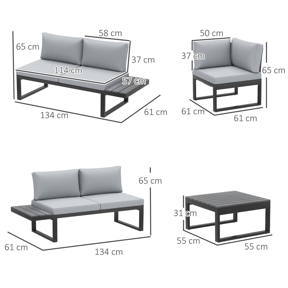 Outsunny 4 Pieces Garden Furniture Set, 5-Level Reclining Garden Corner Sofa Set, Outdoor Lounge Conversation Sectional with Cushions, Wood Effect Plastic Table, Black Frame & Light Grey Cushion