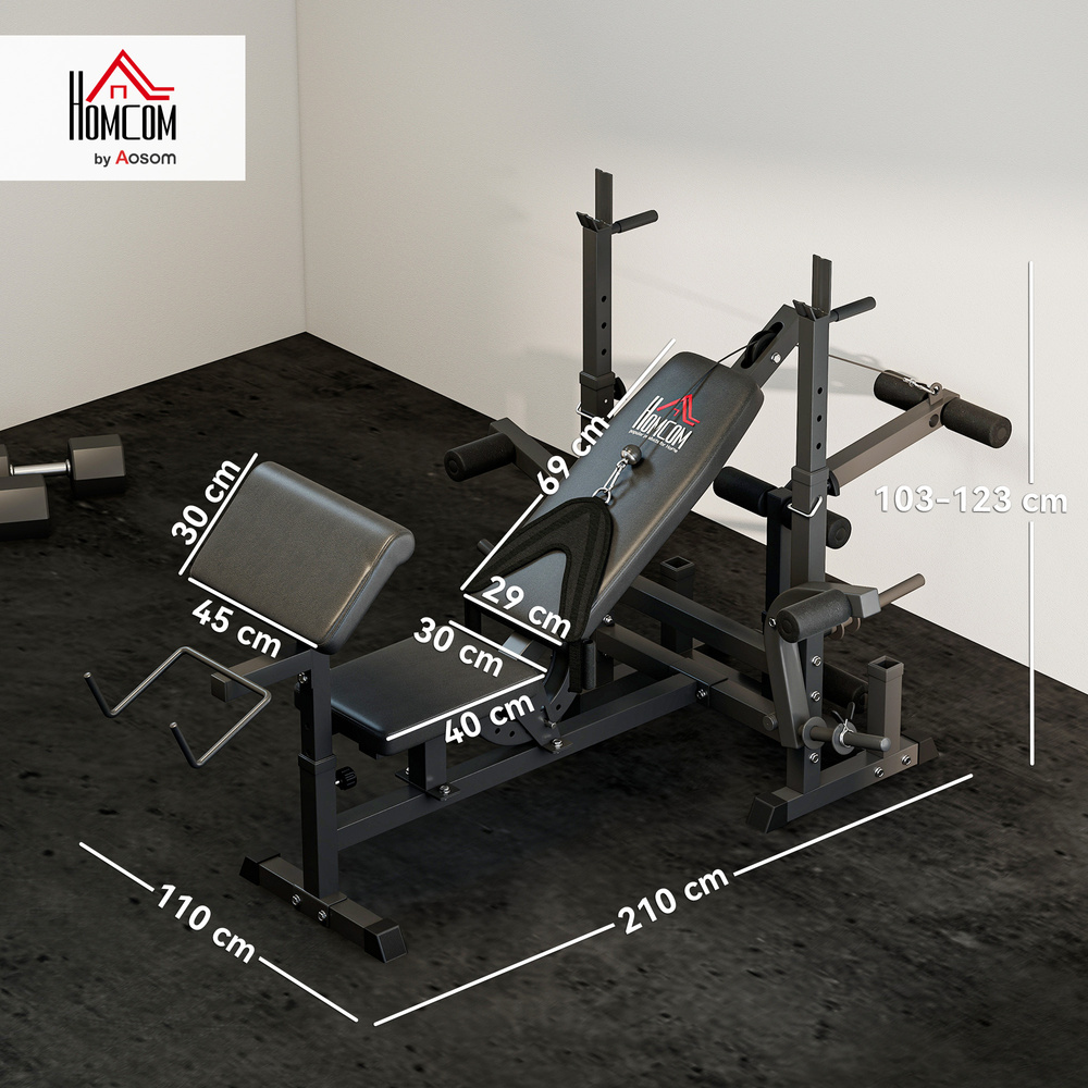 HOMCOM Weight Bench, 6 in 1 Adjustable Bench Press with Leg Extension, Barbell Rack, Preacher Curl Pad, Resistance Band, Multi-Function Home Gym Equipment for Strength Training Weightlifting