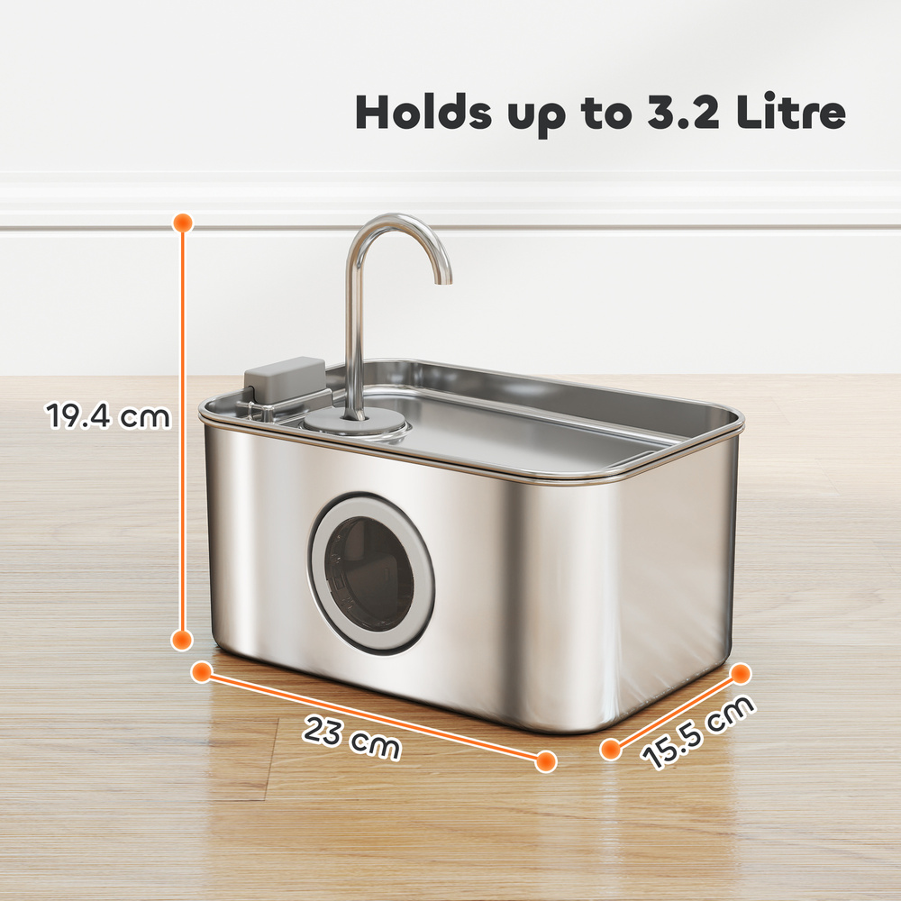 PawHut 3.2L Cat Water Fountain for Drinking, Cat Fountain Stainless Steel with Visible Water-Level Window, Ultra-Silent Pump
