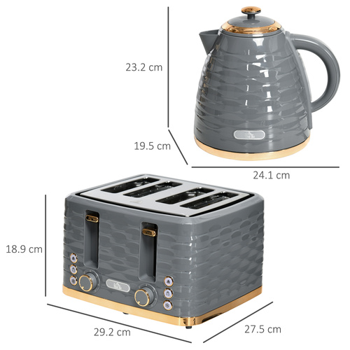 HOMCOM Kettle and Toaster Sets, 3000W 1.7L Rapid Boil Kettle & 4 Slice Toaster with 7 Browning Controls, Defrost, Reheat and Crumb Tray, UK Otter thermostat, Grey