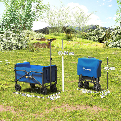 Outsunny 41L Festival Trolley on Wheels, Compact Garden Folding Trolley Cart, 60kg Heavy Duty Collapsible Foldable Wagon with Adjustable Handle and Carrying Bag for Beach, Camping, Festival, Blue