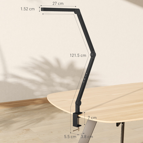 HOMCOM LED Desk Lamp, Dimmable Desk Light with Swing Arm and Clamp, Adjustable Eye-Caring Table Lamp with 2 Colour Modes & 5 Brightness Levels for Study, Drawing, Office, Architect, Task, Black