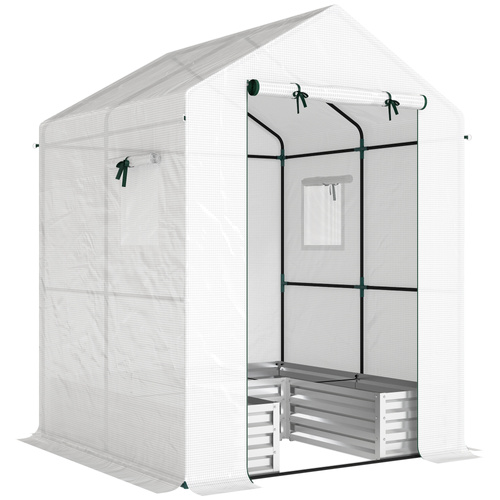 Outsunny Small Greenhouse with Raised Garden Bed, Galvanised Walk-in Greenhouse with Roll Up Windows, 141 x 141 x 190 cm, White