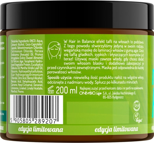 OnlyBio x Tymbark Hair in Balance Maska do Laminacji  dla Włosów Matowych i Szorstkich Jabłko-Mięta 200ml