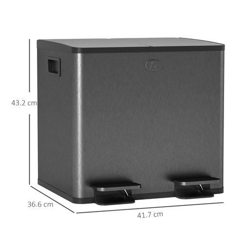 HOMCOM 30L Dual Compartment Stainless Steel Bin, with Deodoriser Holders - Black