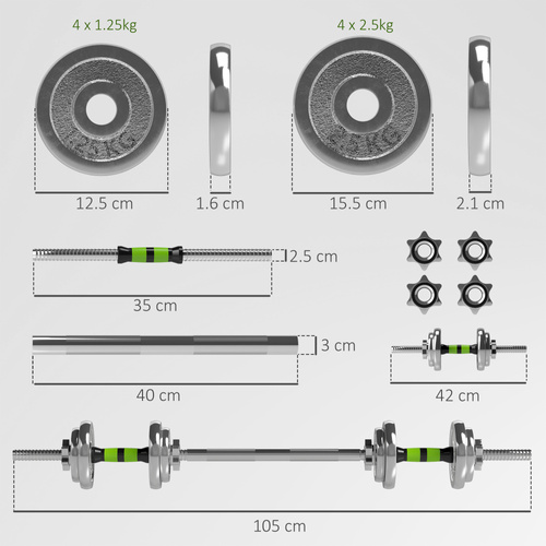 SPORTNOW 20kg 2-in-1 Barbell and Dumbbell Set, with Non-Slip Handle, for Weight Lifting, Training Home Gym