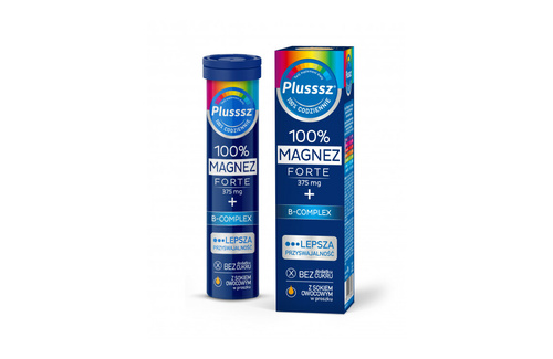 Plusssz 100% Magnesium Forte B Complex for the Heart and Circulatory System Stress and Well-Being Effervescent Tablets with Orange and Grapefruit Flavor 20 Pieces Best Before 20.11.26