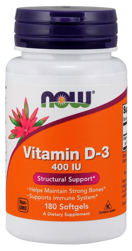 Now Foods Vitamin D-3 400 IU Supports Immunity Bone and Muscle Health and Brain Function 180 Softgels