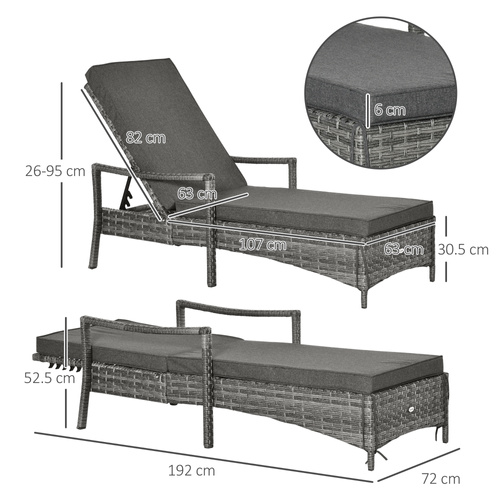 Outsunny Patio Rattan Sun Lounger, Dual Wicker Weave Outdoor Single Reclining Chair Furniture, 5-Level Adjustable Backrest w/ Removeable & Washable Cushion, Mixed Grey