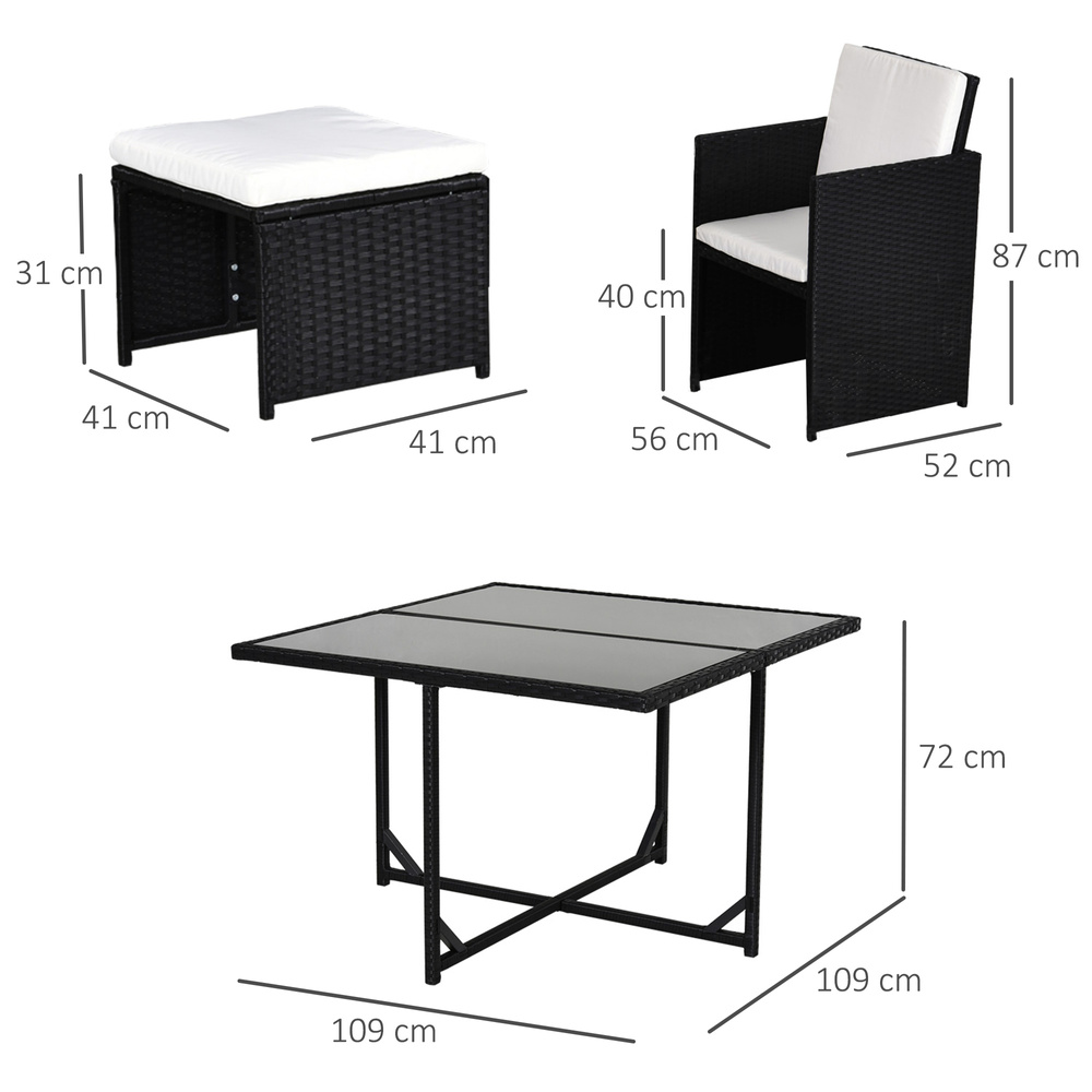 Outsunny 9 Piece Rattan Cube Garden Furniture Dining Set with Armchairs, Footstools and Glass-Top Table, Black