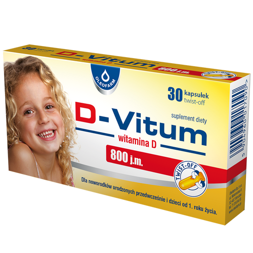 Oleofarm D-Vitum 800 j.m. Witamina D dla Niemowląt i Dzieci od 1 Roku 30 Kapsulek Twist-off