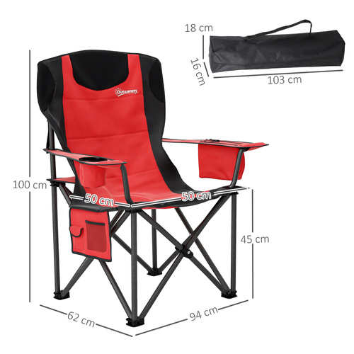 Outsunny Set of 2 Folding Camping Chairs, Padded Camping Chairs with Adjustable Armrests, Portable & Lightweight Folding Camp Chair with Cooler Bag, Cup Holder and Side Pockets, Red