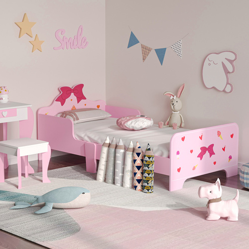 ZONEKIZ Princess-Themed Kids Toddler Bed w/ Cute Patterns, Safety Rails, for Ages 3-6 Years - Pink