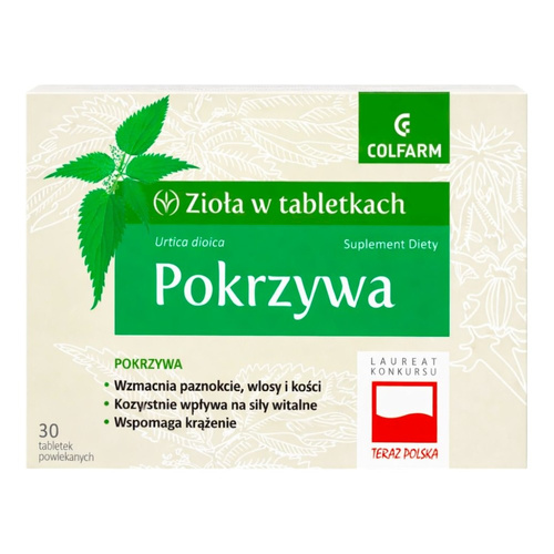Colfarm Zioła w Tabletkach Pokrzywa Wspomaga Krążenie Włosy Skórę i Paznokcie 30 Tabletek