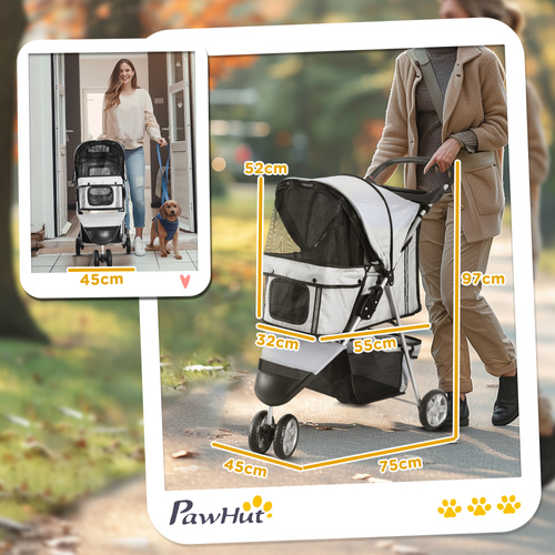 PawHut 3 Wheel Pet Stroller for Small and Miniature Dogs, Grey