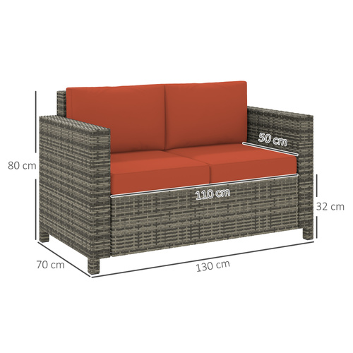 Outsunny Rattan Sofa, 2 Seater Garden Furniture with Soft Padded Cushion and Armrests, Wicker Garden Loveseat for Patio, Grey