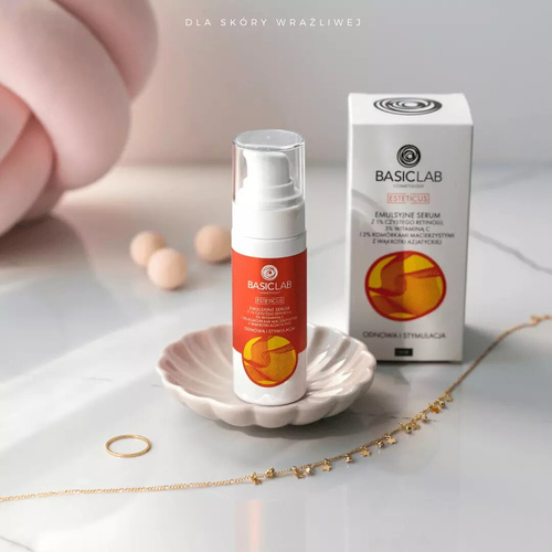BasicLab Emulsyjne Serum z 1% Czystego Retinolu 5% Witaminą C Koenzymem Q10 i 2% Komórkami Macierzystymi z Wąkrotki Azjatyckiej Odnowa i Stymulacja na Noc 30ml