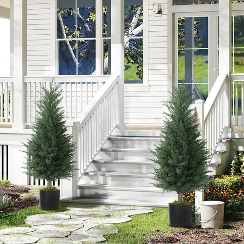 HOMCOM Artificial Plants Outdoor, 90 cm Fake Cypress Tree with Plastic Pots, UV-Resistant Faux Plants for Garden Front Porch Decoration, 2 Pack