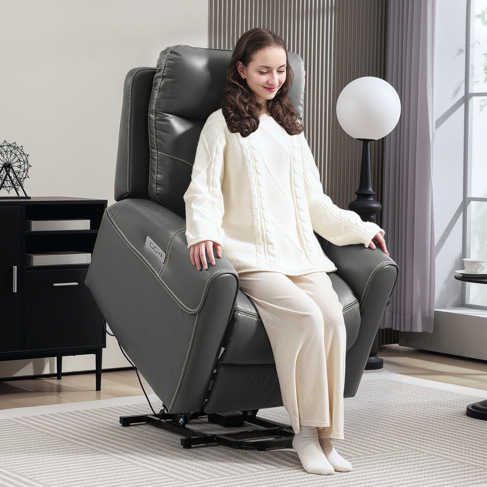 HOMCOM Power Lift Recliner Chair for Elderly, Overstuffed Faux Leather Riser and Reclining Chair with USB A+C Ports, Recliner Armchair for Living Room, Charcoal Grey