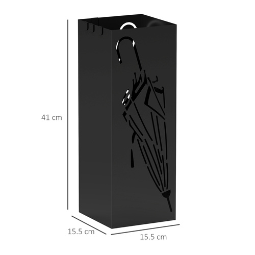 HOMCOM Metal Umbrella Stand, Square Umbrella Holder with 4 Hooks and Removable Drip Tray, Decorative Umbrella Storage Rack for Entryway, Hallway, 15.5 x 15.5 x 41 cm, Black