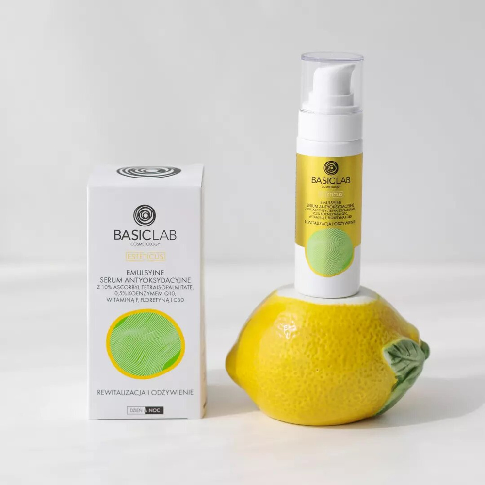 BasicLab Cosmetology Emulsyjne Serum Antyoksydacyjne z 10% Ascorbyl Tetraisopalmitate Rewitalizacja i Odżywienie dla Skóry Suchej Mieszanej i Problematycznej na Dzień i na Noc 30ml