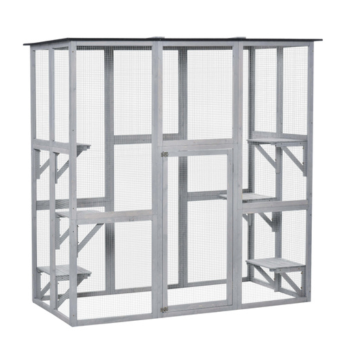 PawHut Wooden Catio Cat Outdoor Enclosure, Cat Cage with Waterproof Roof, Platforms, for Multiple Kittens, 180 x 98 x 180 cm