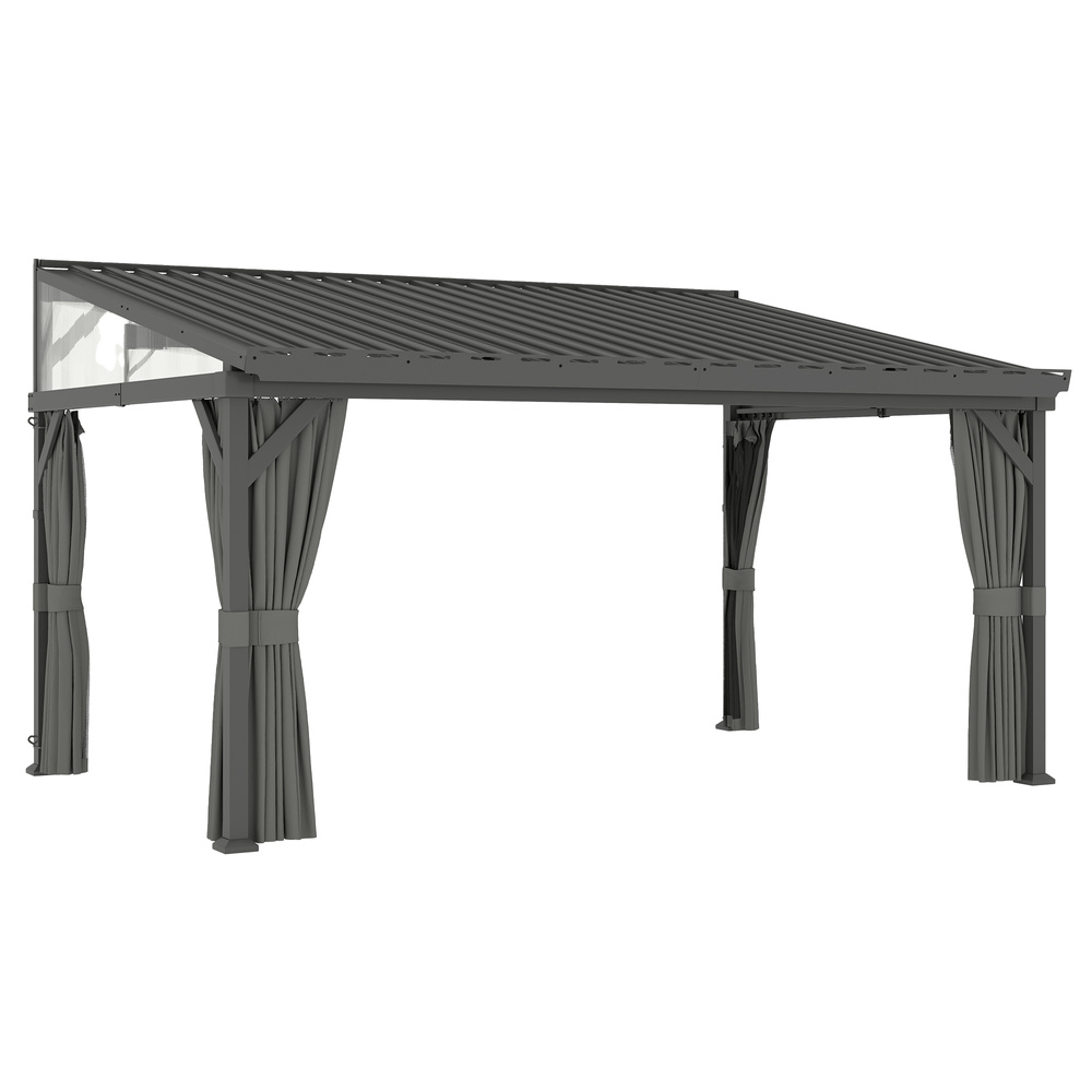 Outsunny 4.3 x 3 m Garden Pergola with Galvanised Steel Roof, Lean to Pergola Gazebo with Netting Curtains, Dark Grey