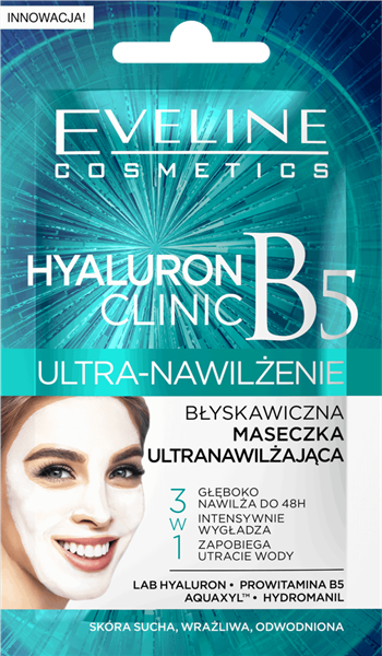EVELINE Hyaluron Clinic B5, Błyskawiczna maseczka wygładzająca, ultra nawilżenie 3w1 7ml