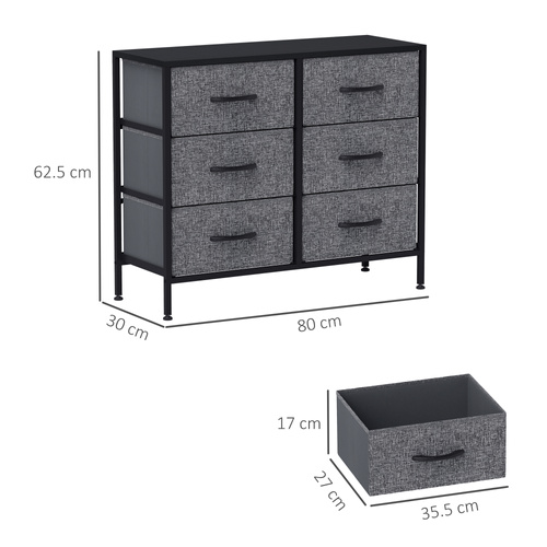 HOMCOM Fabric Chest of Drawers, Industrial Bedroom Dresser with 6 Fabric Drawers, Steel Frame and Wooden Top for Nursery, Living Room, Hallway, Black