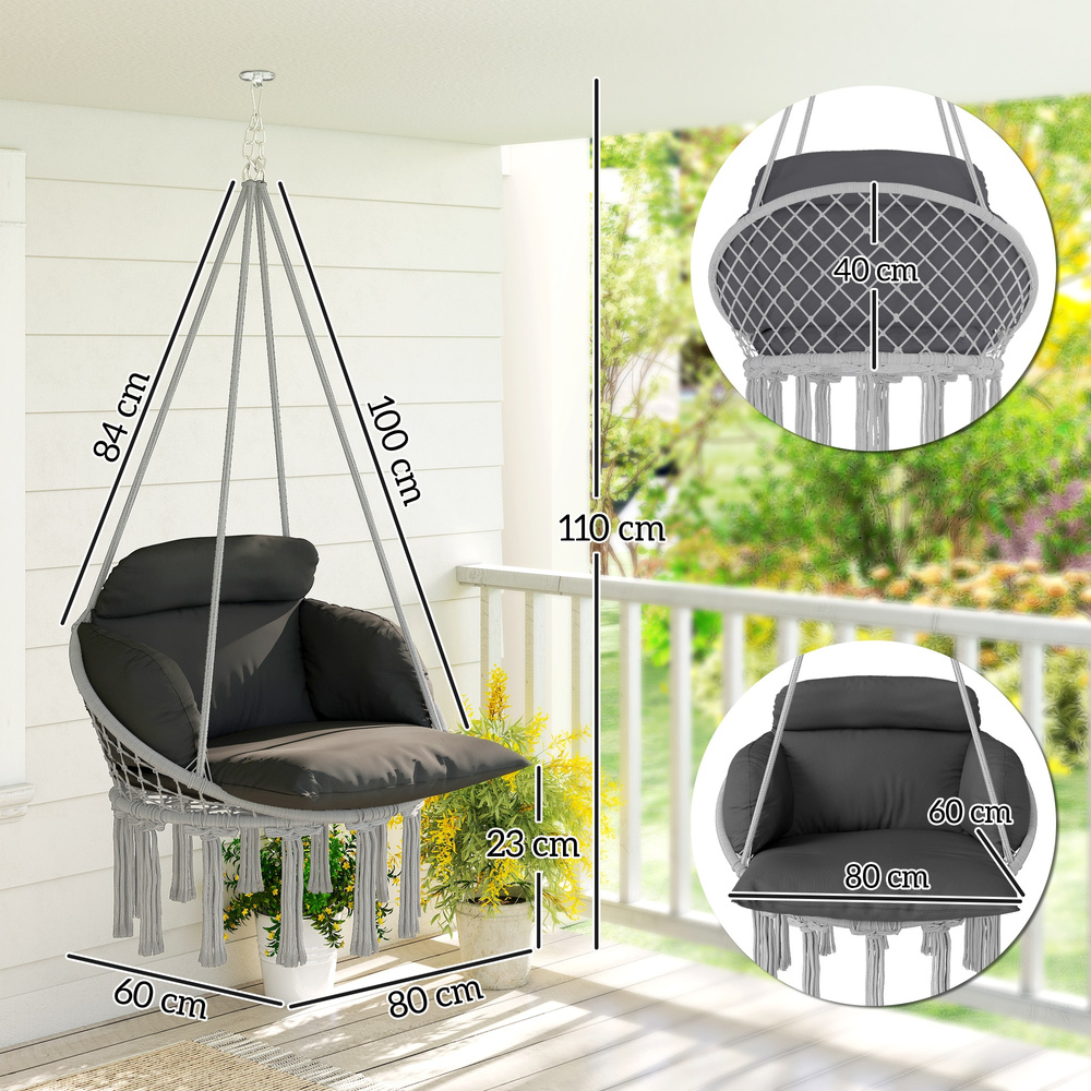 Outsunny Hanging Chair Outdoor Hammock Chair with Soft Cushion, Cotton Rope Boho Style Swing Chair, Hanging Garden Swing Seat for Indoor Outdoor, Dark Grey