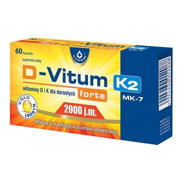 Oleofarm D-Vitum Forte 2000 j.m. K2 Zdrowe Kości Kwasy Tłuszczowe Omega 3 60 Kapsułek