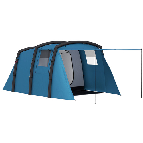 Outsunny Inflatable 3-4 Man Tunnel Tent w/ Air Pump, Living Area & Vestibule, Waterproof Family Camping Air Tent w/ Sewn In Groundsheet & Removable Footprint for Camping, Hiking, Blue