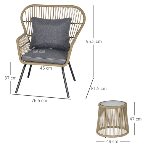 Outsunny 3 Pieces Rattan Bistro Set, Wicker Garden Furniture Set with Cushions, Glass Top Coffee Table and Chairs for Outdoor, Patio, Balcony, Brown