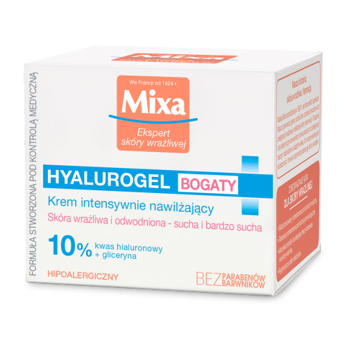 MIXA Hyalurogel, Bogaty Krem intensywnie nawilżający, skóra wrażliwa, odwodniona, sucha i bardzo sucha 50ml