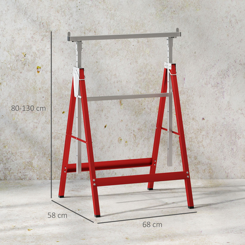 HOMCOM Set of 2 Adjustable Telescopic Builders Trestle, DIY Steel Work Bench Carpenter, Folding Saw Horse Tools Red