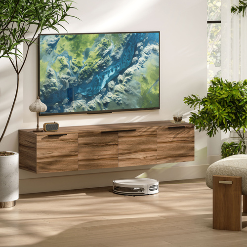 HOMCOM Floating TV Unit, 150 cm Wall Mounted TV Stand Cabinet with Shelves and Doors, Entertainment Media Console for Living Room, Bedroom, Rustic Brown
