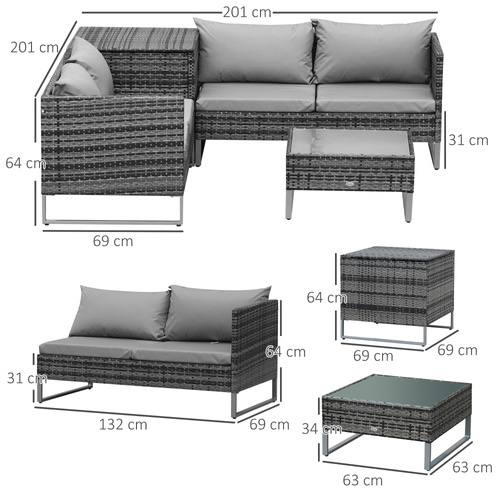Outsunny 4pc Garden Rattan Wicker Outdoor Furniture Patio Corner Sofa Love Seat and Table Set with Cushions Side Desk Storage, Mixed Grey