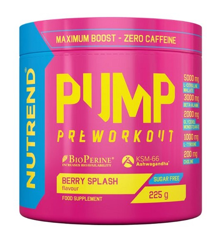 Nutrend Pump Przedtreningówka na Pompę Mięśniową bez Kofeiny o Smaku Jagodowym 225g